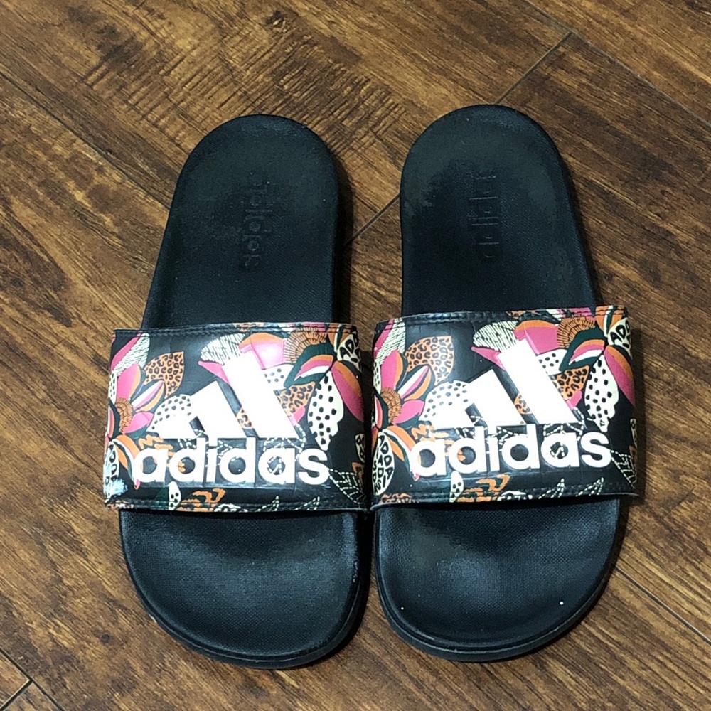 adidas Black Floral Slide Sandals
